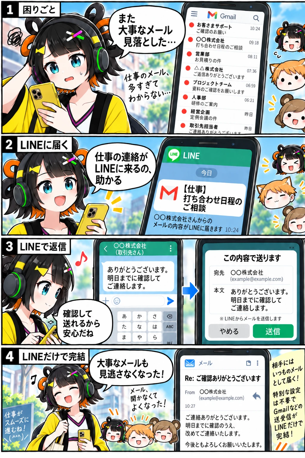 メール受信、LINE通知、返信、送信完了までの4段階の画面イメージ